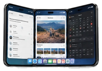The phone unfolded showing several apps at once