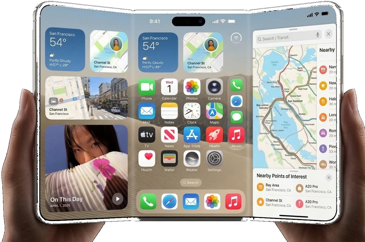 Two hands holding a phone with three display panels unfolded, showing a home screen, maps and widgets across all three
