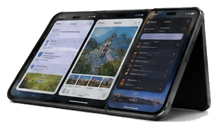 The phone standing open with three apps side by side